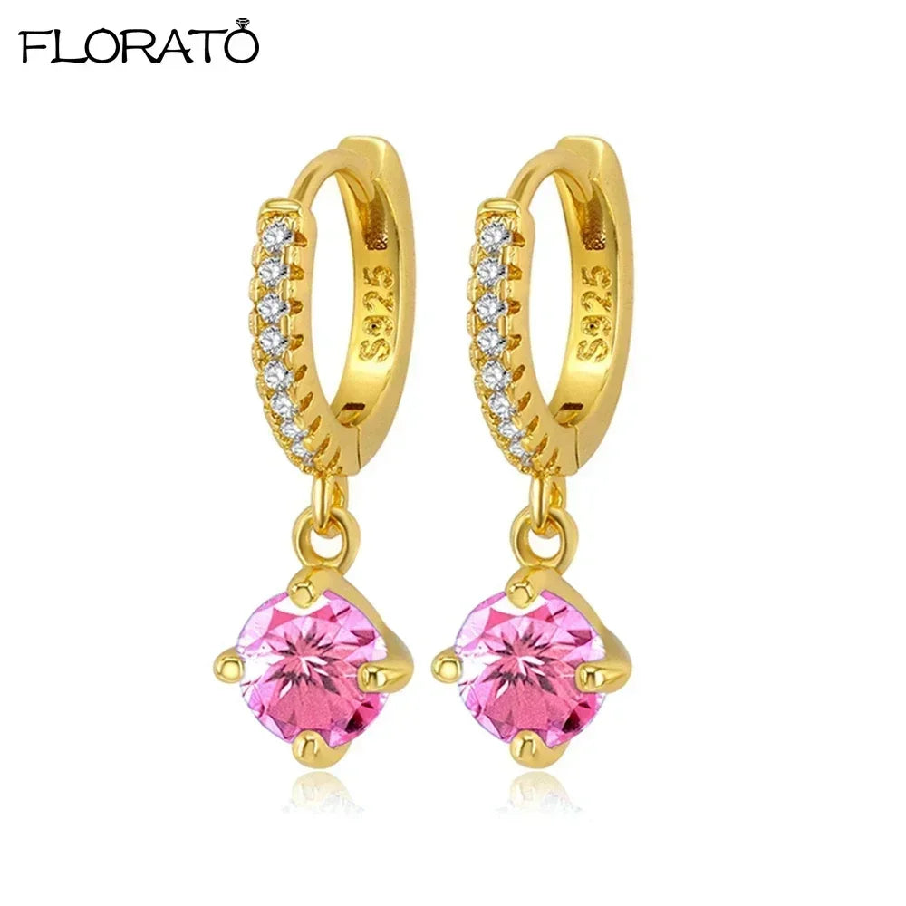 Boucles d’oreilles créoles en argent 925 plaqué or 18K – Zircon rose, style romantique et tendance