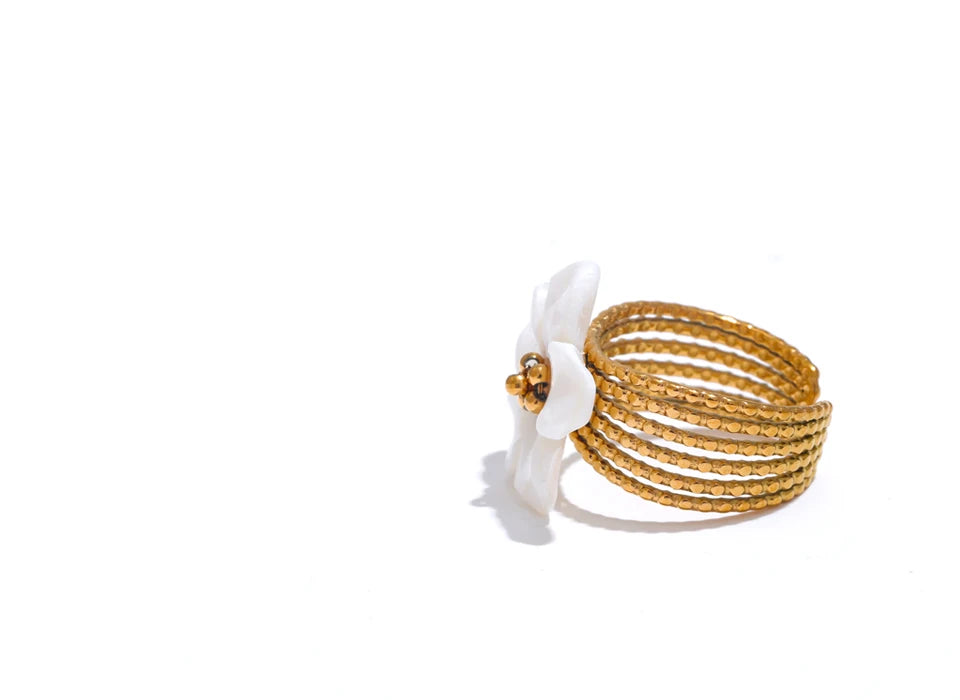 Bague fleur en coquille – Acier inoxydable doré, ouverte & étanche