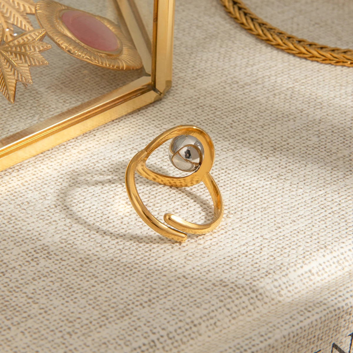 Bague boules doré & argent ouverte réglable en acier inoxydable