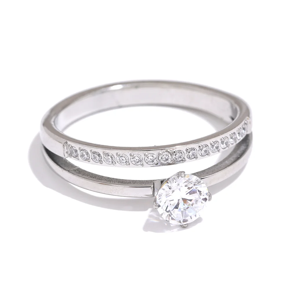 Bague double rang sertie – Acier inoxydable & zircon brillant