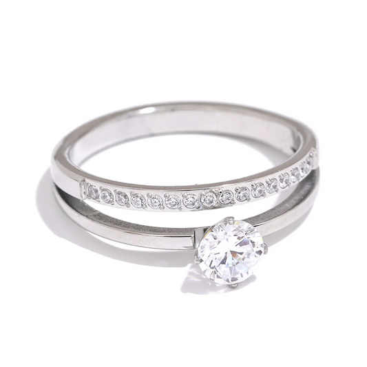 Bague double rang sertie – Acier inoxydable & zircon brillant