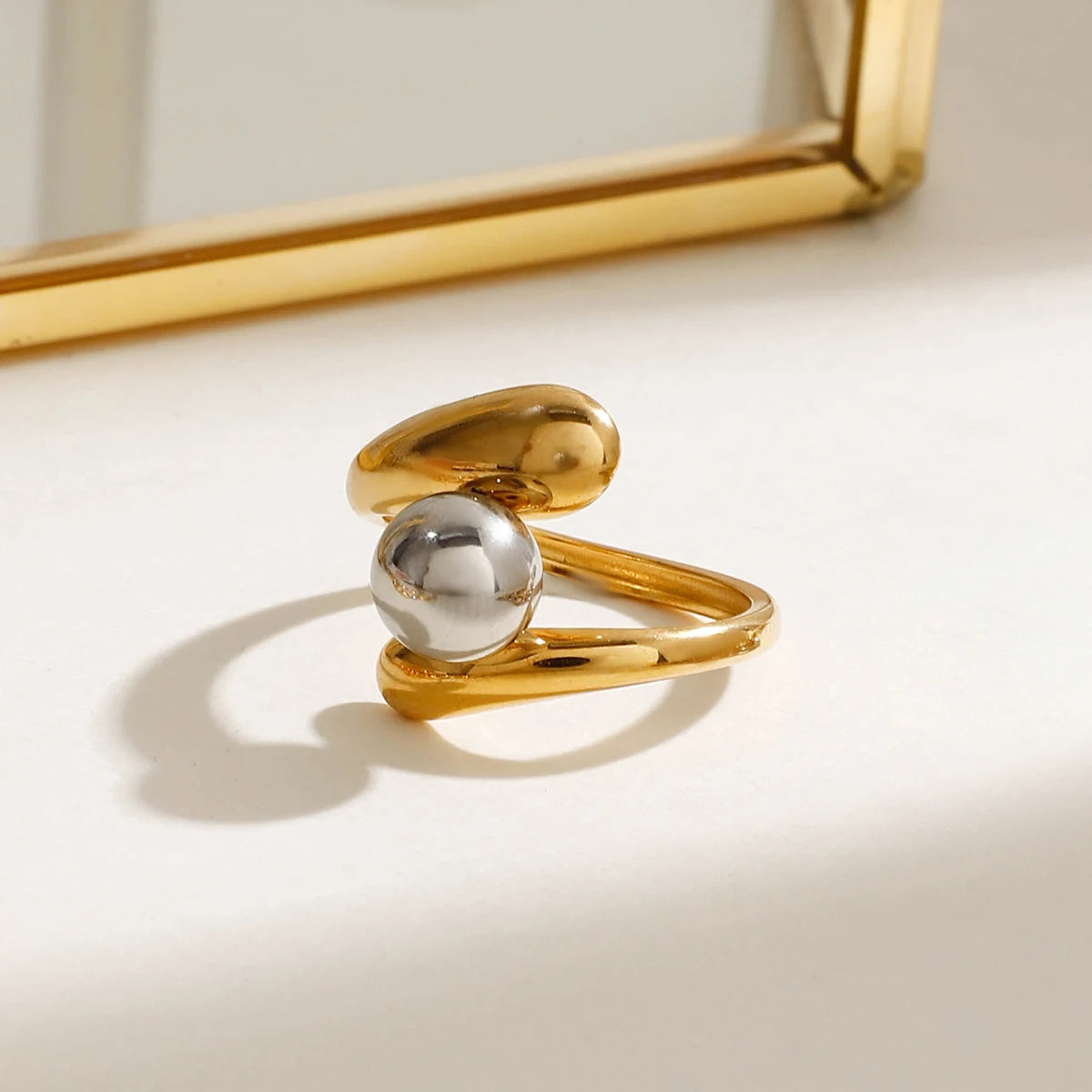 Bague triple rang boules doré & argent en acier inoxydable