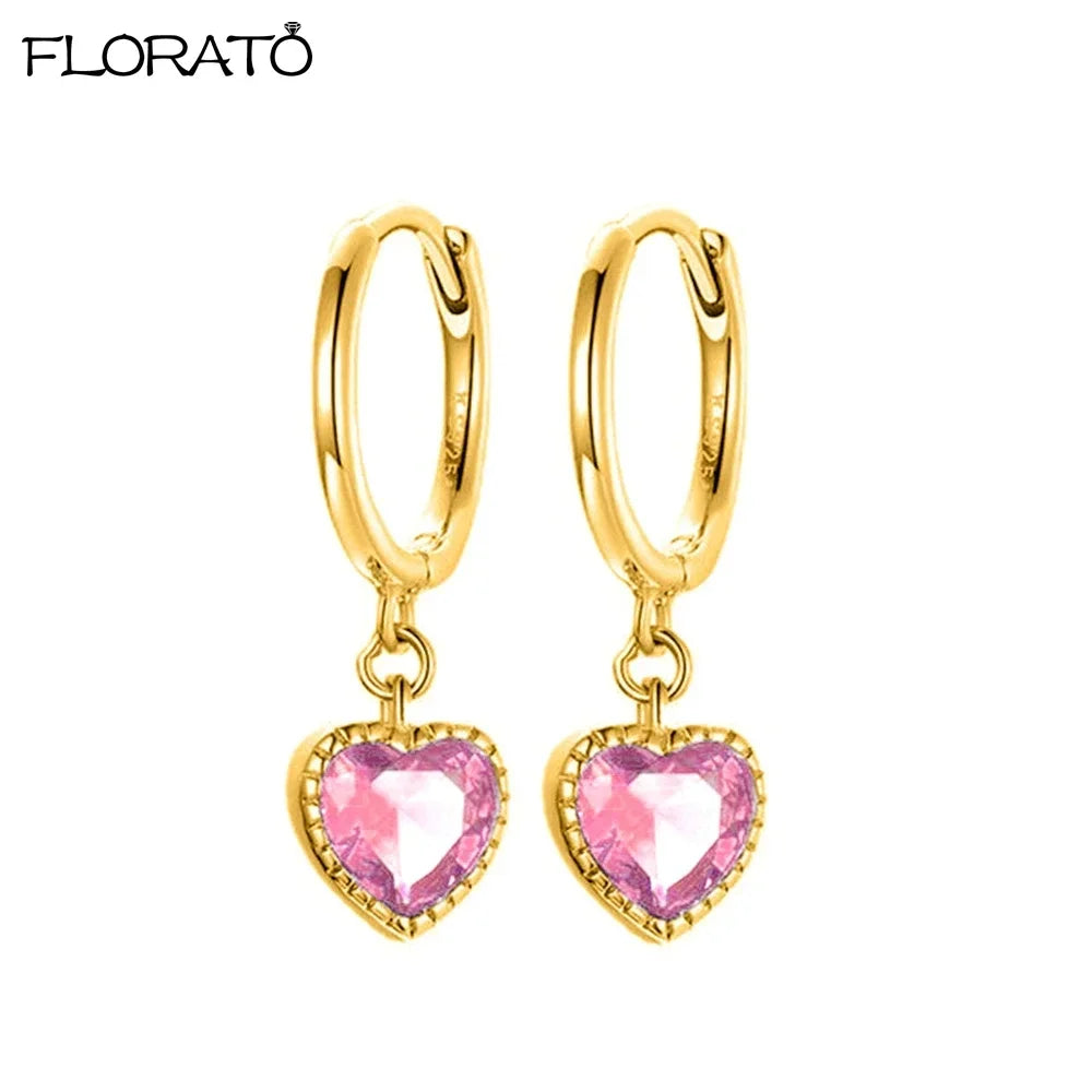 Boucles d’oreilles créoles en argent 925 plaqué or 18K – Zircon rose, style romantique et tendance