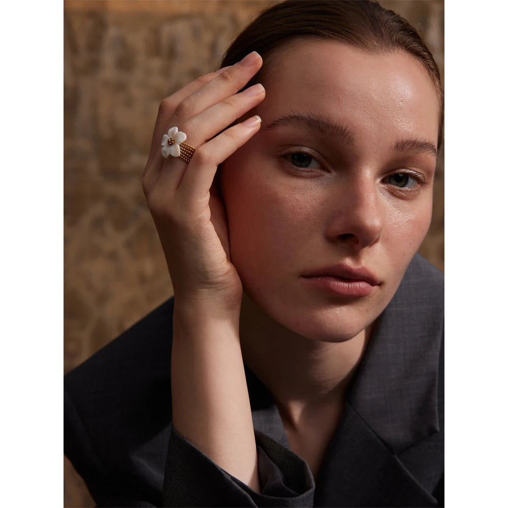 Bague fleur en coquille – Acier inoxydable doré, ouverte & étanche