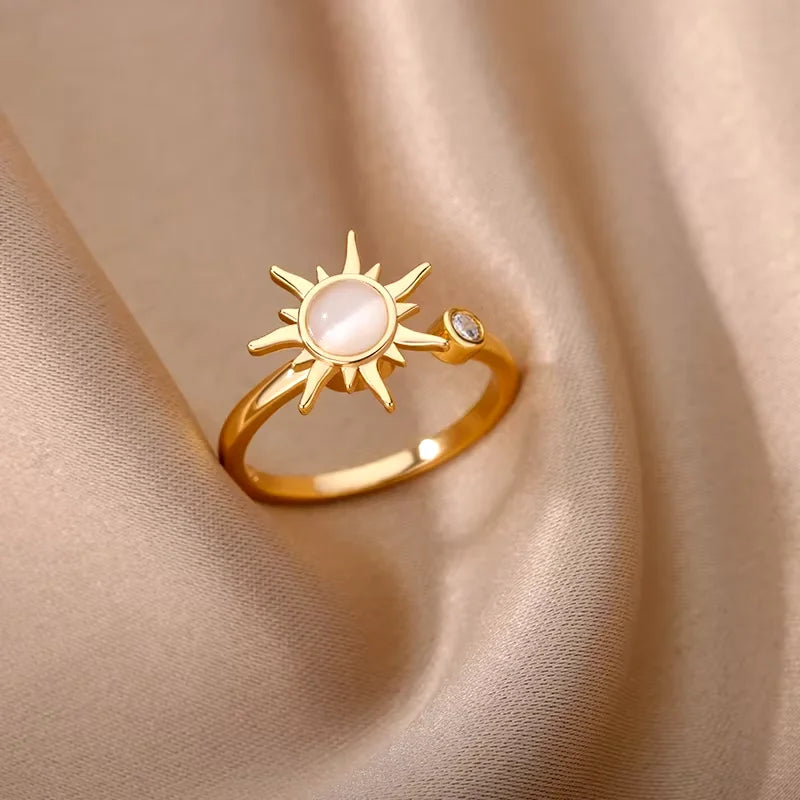 Bague Anti-Stress Femme – Acier Inoxydable Rotatif | Soleil, Lune, Étoile, Tournesol