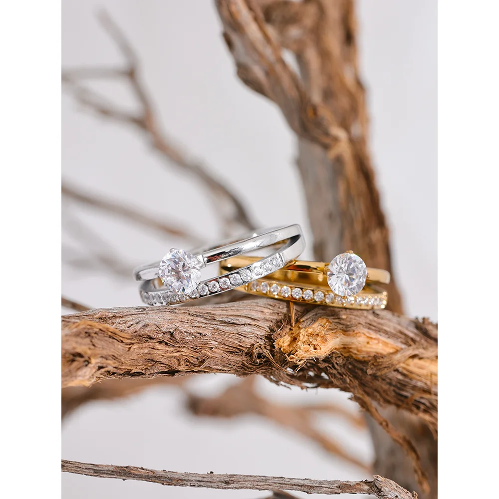 Bague double rang sertie – Acier inoxydable & zircon brillant