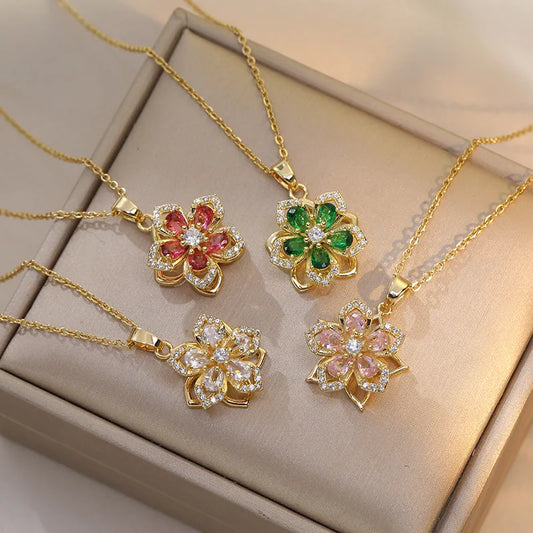 Collier Fleur Rotative Anti-Stress – Acier Inoxydable Plaqué Or 18K & Zircone
