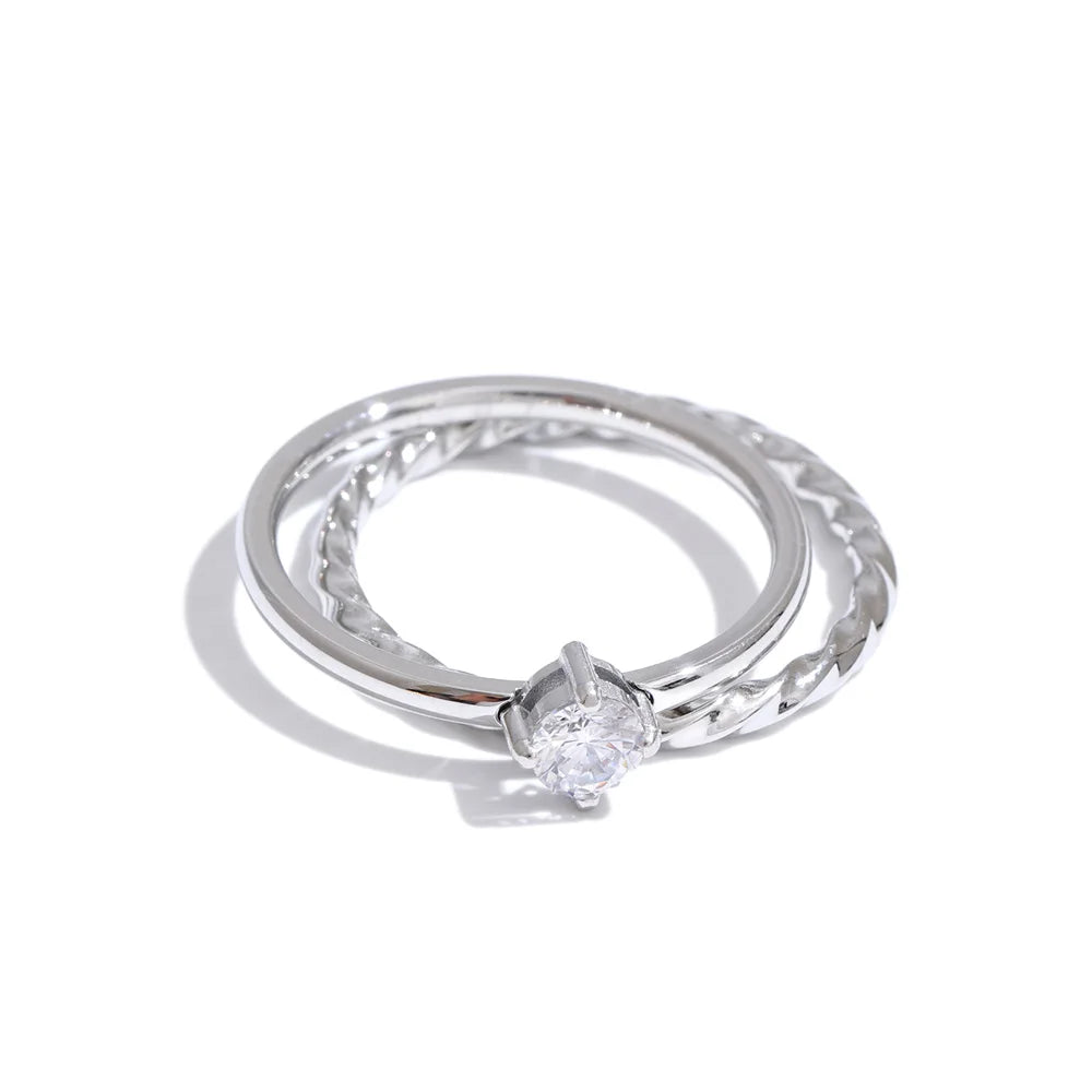Bague superposable double en acier inoxydable & zircon – Plaqué or 18k