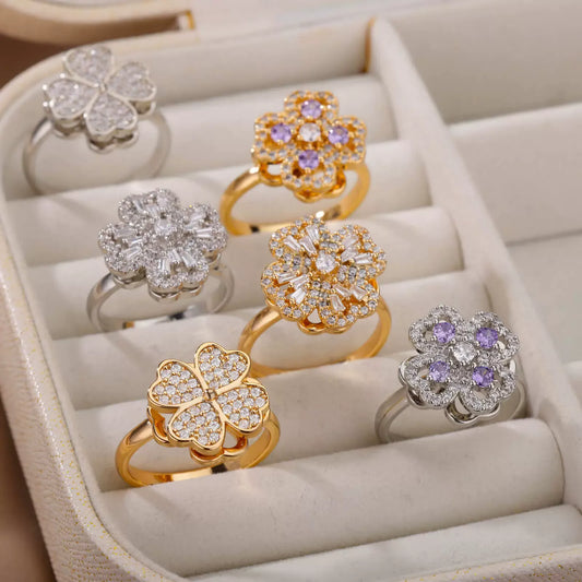 Bague Trèfle Porte-Bonheur – Zircon tournant, acier inoxydable anti-stress