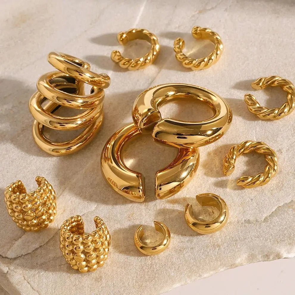 Boucles d’oreilles clip femme – Créoles épaisses en acier inoxydable, plaqué or 18K, bijoux tendance sans perçage