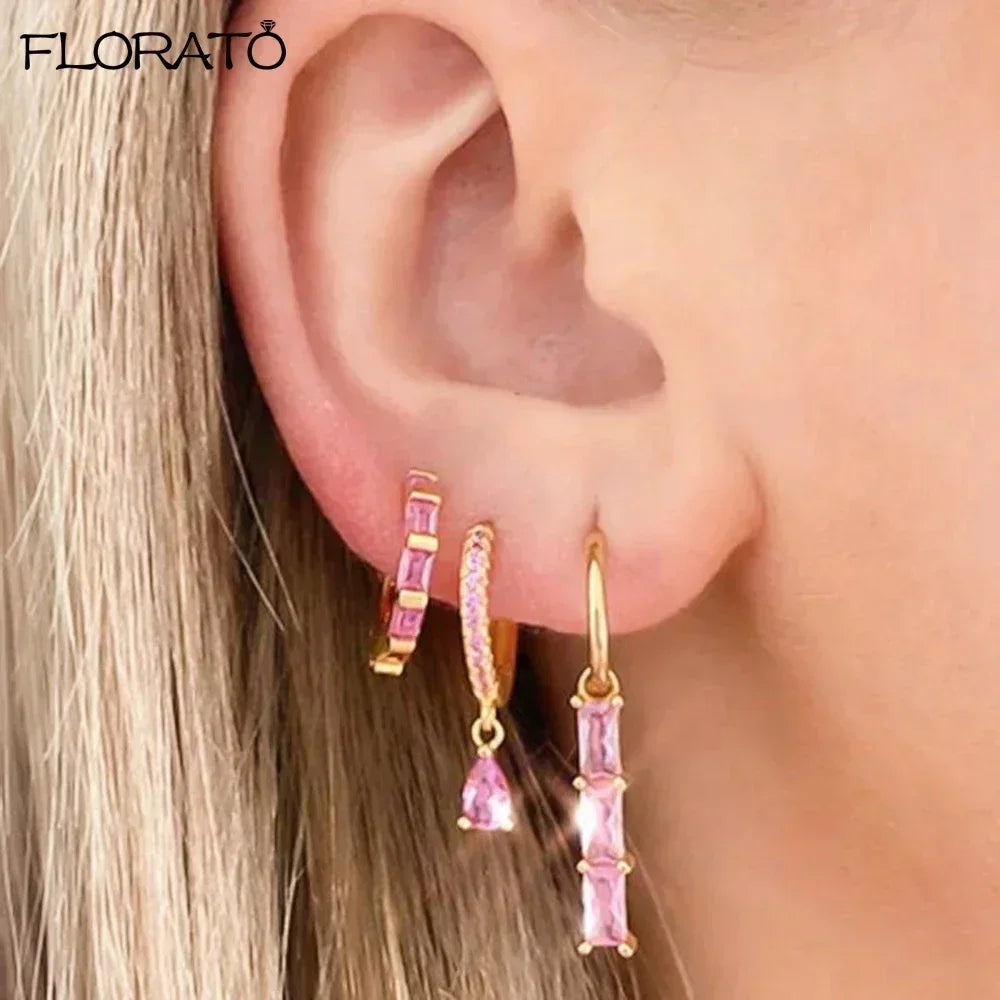 Boucles d’oreilles créoles en argent 925 plaqué or 18K – Zircon rose, style romantique et tendance