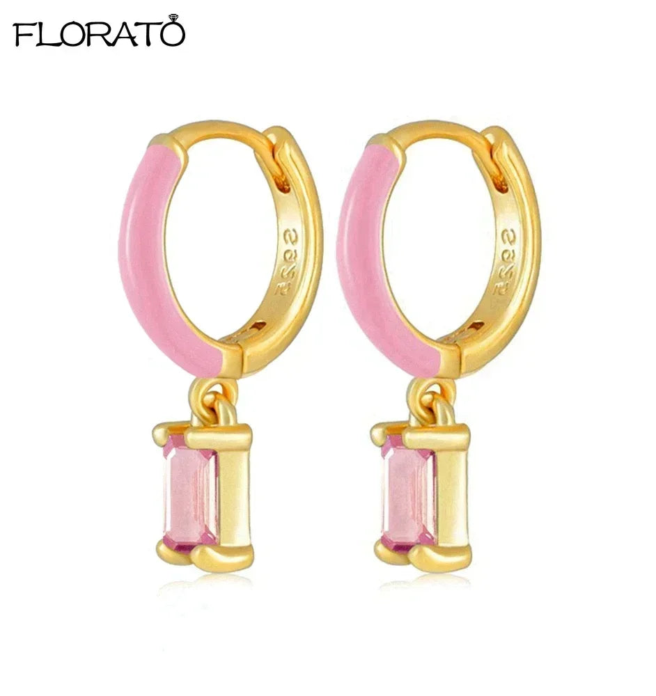 Boucles d’oreilles créoles en argent 925 plaqué or 18K – Zircon rose, style romantique et tendance
