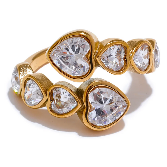 Bague cœur zircons – Acier inoxydable doré, ajustable et éclatante