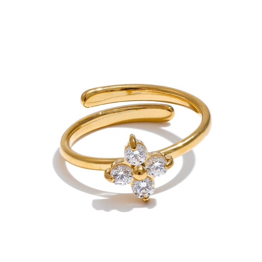 Bague fleur dorée – zircone scintillante ajustable