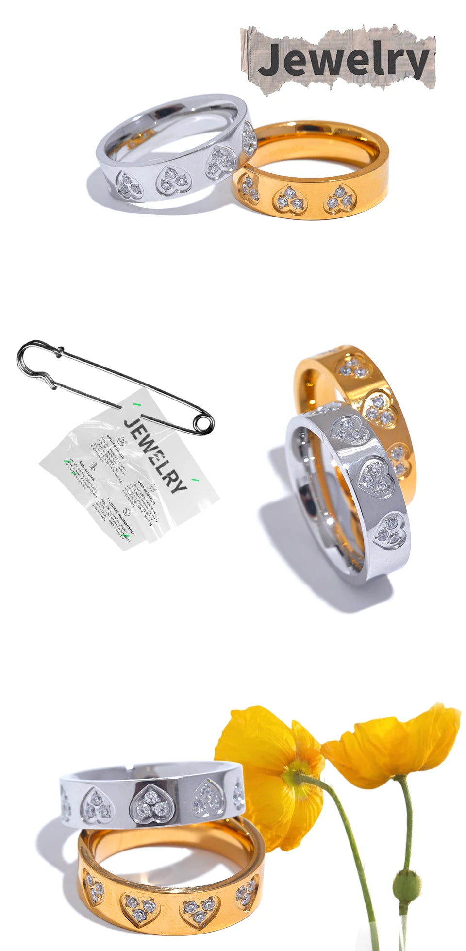 Bague cœurs scintillants – Acier inoxydable doré & zircons