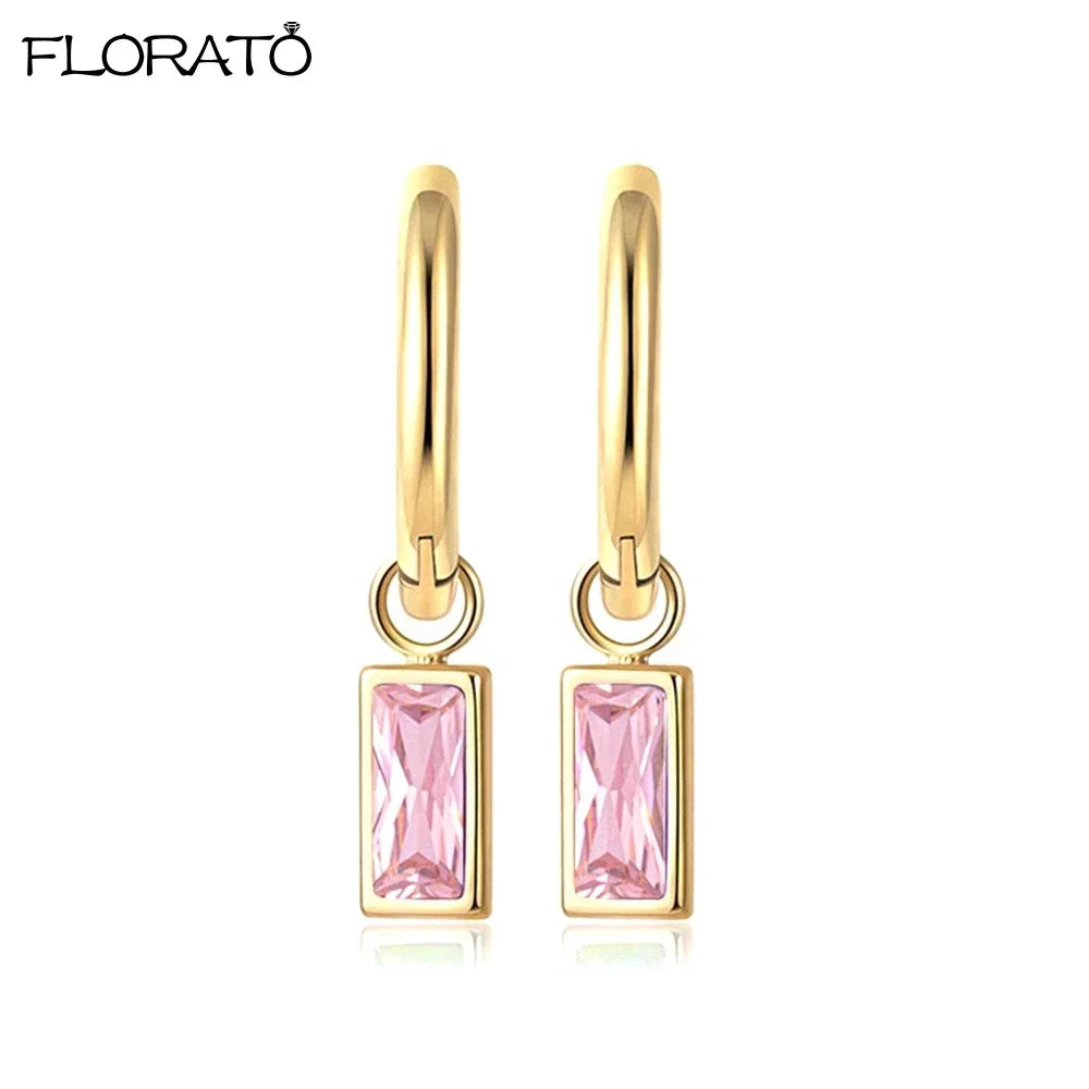 Boucles d’oreilles créoles en argent 925 plaqué or 18K – Zircon rose, style romantique et tendance