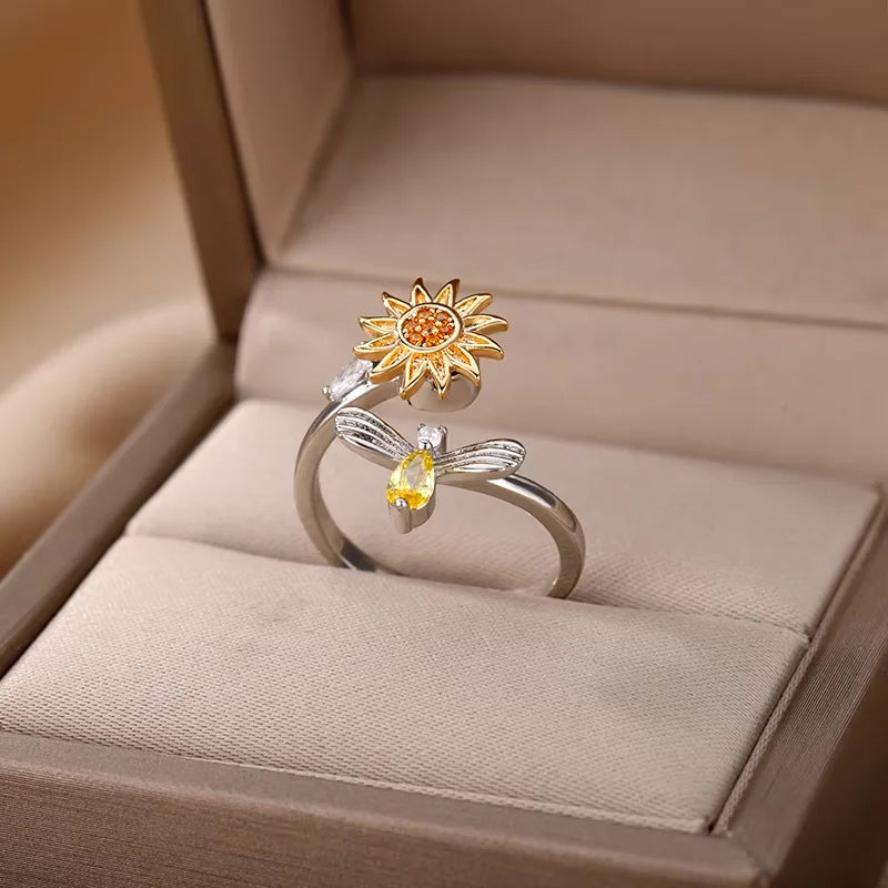 Bague Anti-Stress Femme – Acier Inoxydable Rotatif | Soleil, Lune, Étoile, Tournesol