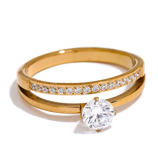 Bague double rang sertie – Acier inoxydable & zircon brillant