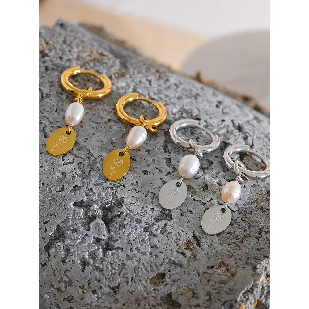 Boucles d’oreilles goutte perle & médaillon – Acier inoxydable doré ou argenté