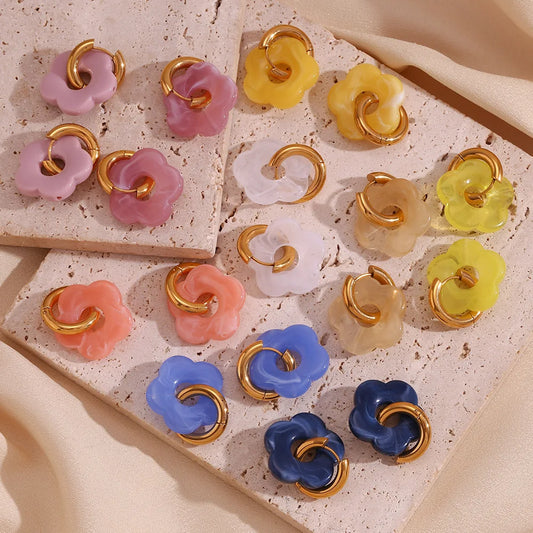 Boucles d’Oreilles Fleurs Colorées – Acier Inoxydable Plaqué Or 18K