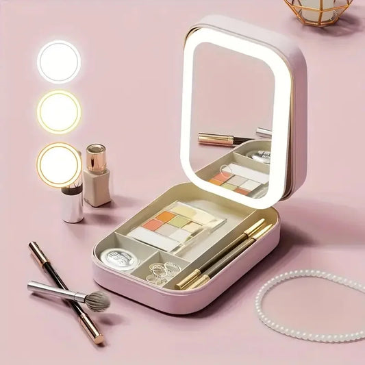 Boîte de maquillage portable avec miroir LED – Organiseur cosmétique de voyage grande capacité
